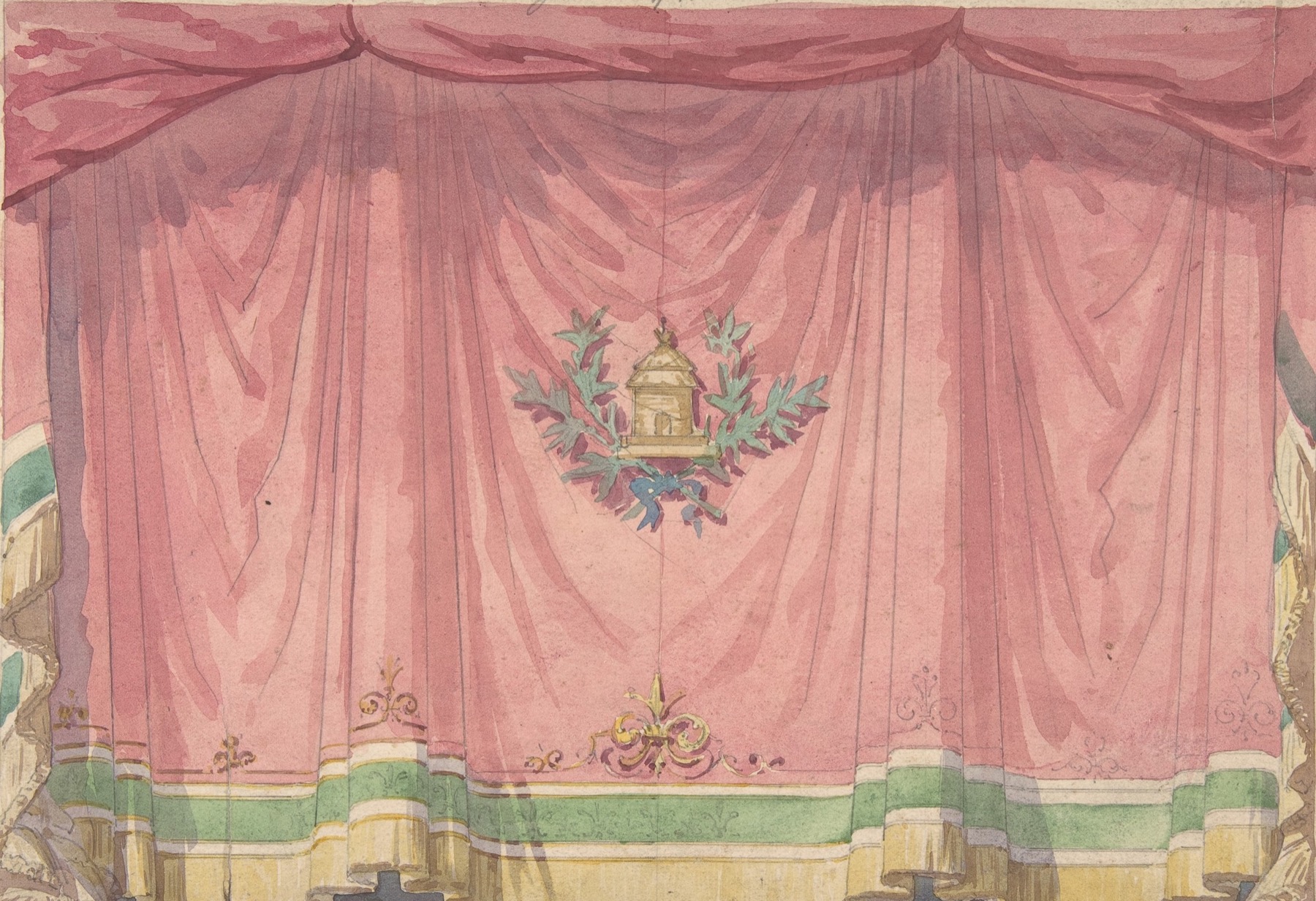 Rose stage curtains with gold trim and gathered swags
