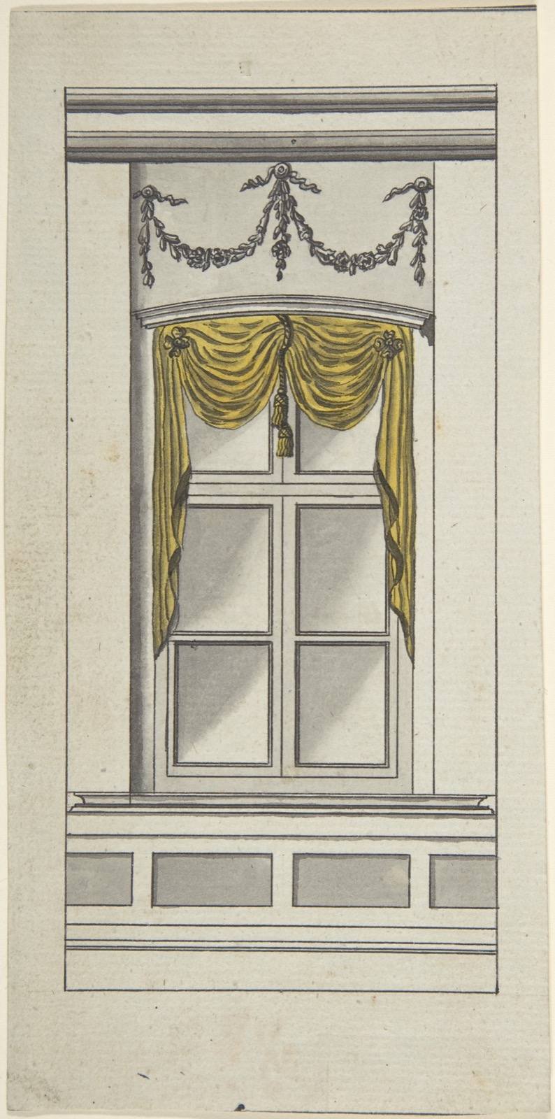 Architectural window design with yellow drapery and ribbon garlands
